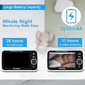 HelloBaby Upgrade 5’’ Baby Monitor with 26-Hour Battery, 2 Cameras Pan-Tilt-Zoom, 1000ft Range Video Audio Baby Monitor No WiFi, VOX, Night Vision, 2-Way Talk, 8 Lullabies and Temperature