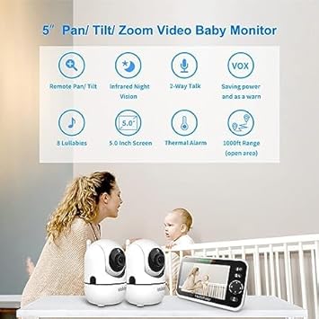 HelloBaby Upgrade 5’’ Baby Monitor with 26-Hour Battery, 2 Cameras Pan-Tilt-Zoom, 1000ft Range Video Audio Baby Monitor No WiFi, VOX, Night Vision, 2-Way Talk, 8 Lullabies and Temperature