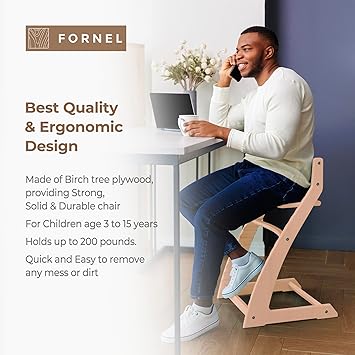 Fornel Dining High Chair for Babies and Toddlers - Wooden Highchair Adjustable Height - Montessori Kids Dine Seat from 3 Years to 200 Lb - Grow with Child, Toddler Dining Chair (Natural+White)