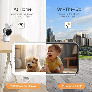ARENTI Split-Screen Baby Monitor 2 Cameras, Audio Monitor with Two 2K UHD WiFi Cameras,720P 5" Color Display,Night Vision,Cry Detection,Motion Detection,Temp&Humidity Sensor,Two Way Talk,App Control