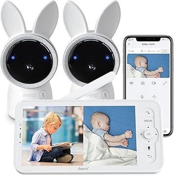 ARENTI Split-Screen Baby Monitor 2 Cameras, Audio Monitor with Two 2K UHD WiFi Cameras,720P 5" Color Display,Night Vision,Cry Detection,Motion Detection,Temp&Humidity Sensor,Two Way Talk,App Control